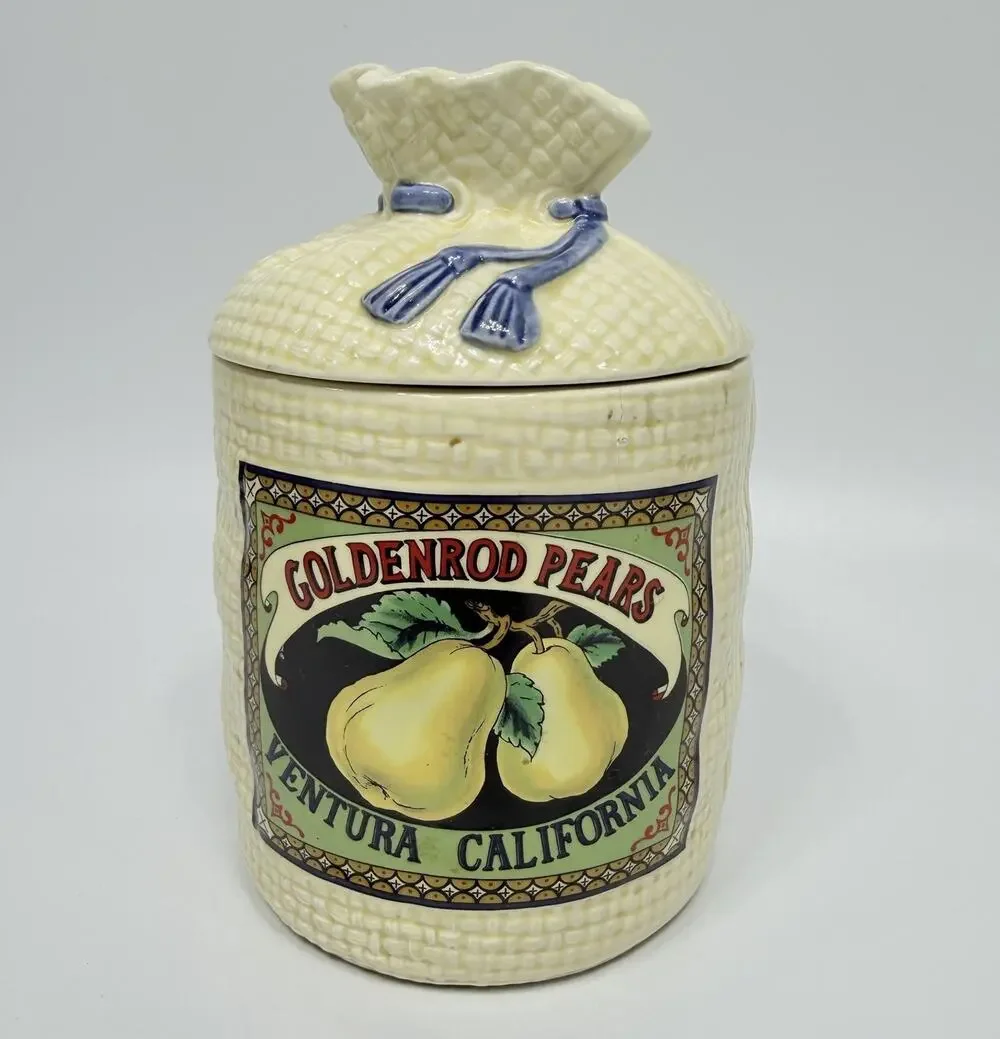 Vintage Hearth Home Goldenrod Pears Burlap Sack Kitchen Canister Jar 8